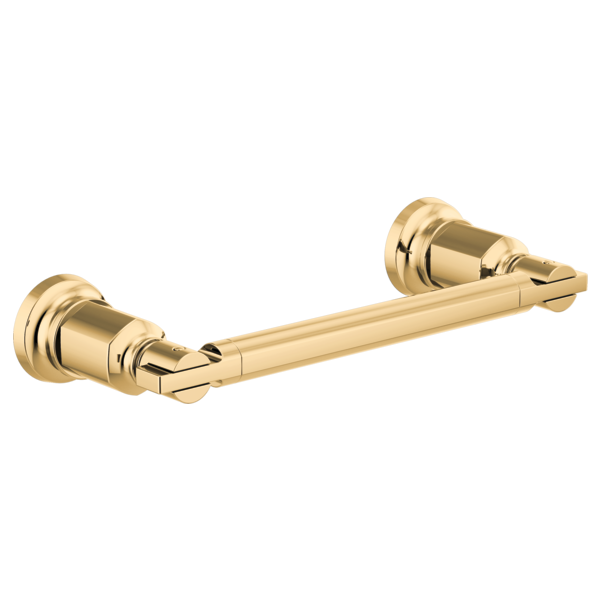 Polished brass towel bar with cylindrical wall-mounted brackets on each end.