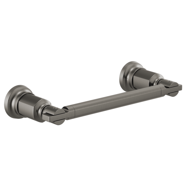 Brushed black metal towel bar with cylindrical wall mounts on each end.