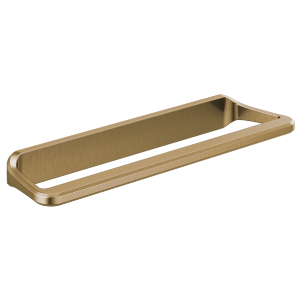 Brushed gold rectangular towel bar with rounded corners and open design for hanging towels.