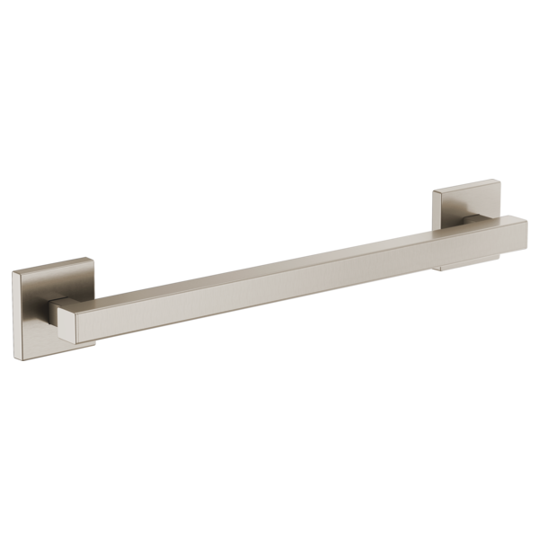 Brushed nickel linear grab bar with square mounting brackets on each end.