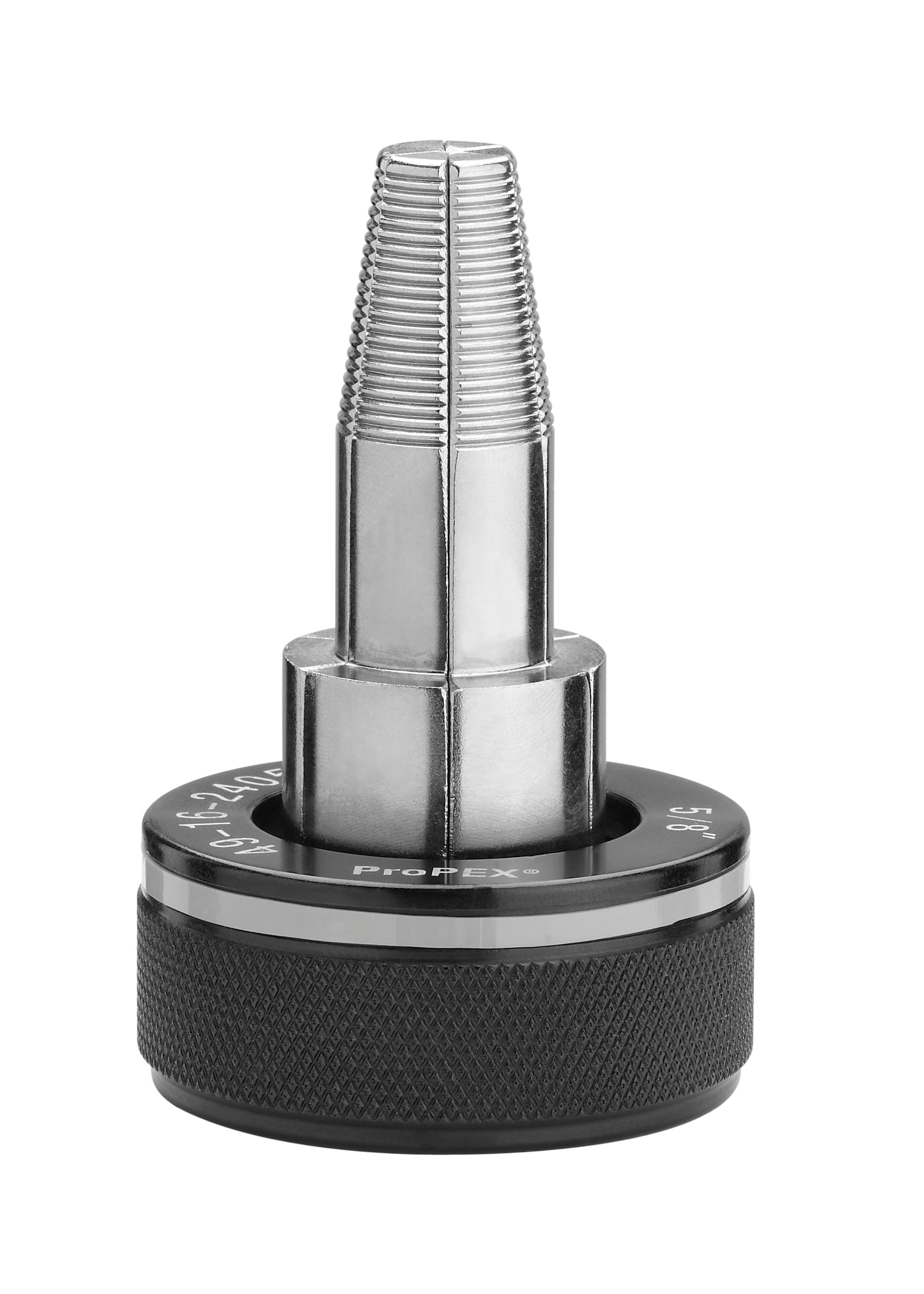 Silver metal expansion head with threaded tapered top, mounted on black rubber-gripped circular base.