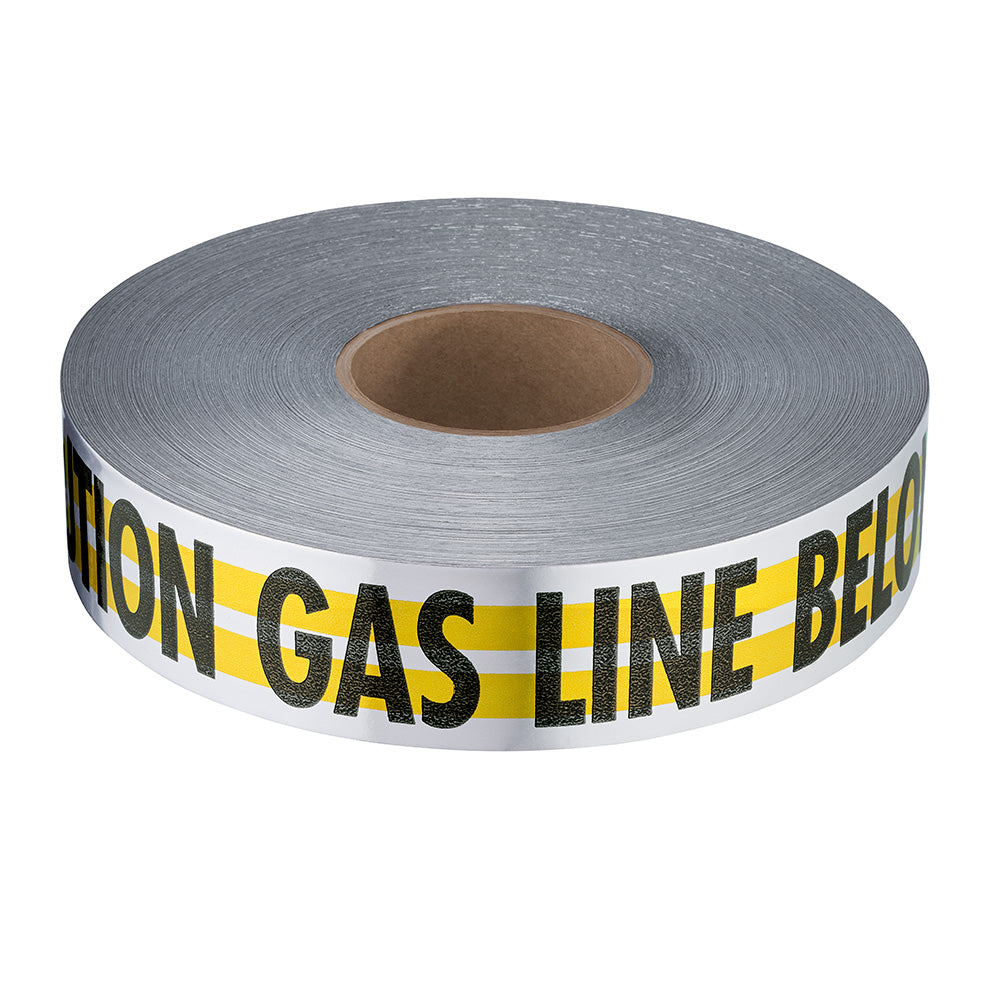 Roll of white and yellow striped detectable tape with "CAUTION GAS LINE BELOW" text printed in black.