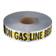 Roll of white and yellow striped detectable tape with "CAUTION GAS LINE BELOW" text printed in black.