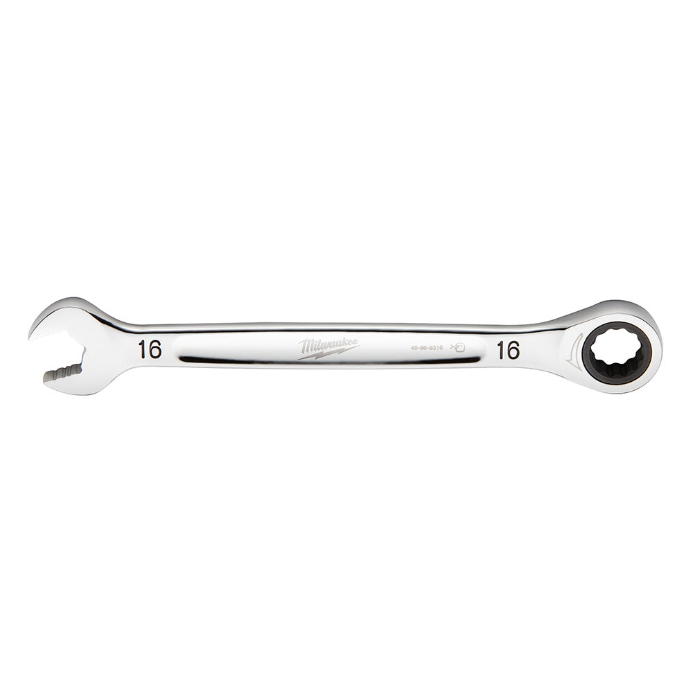 16mm metric ratcheting combination wrench with open end on left and ratchet socket head on right.