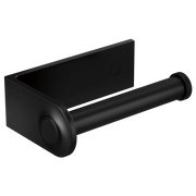 Matte black tissue holder with rectangular mounting plate and cylindrical roll bar.