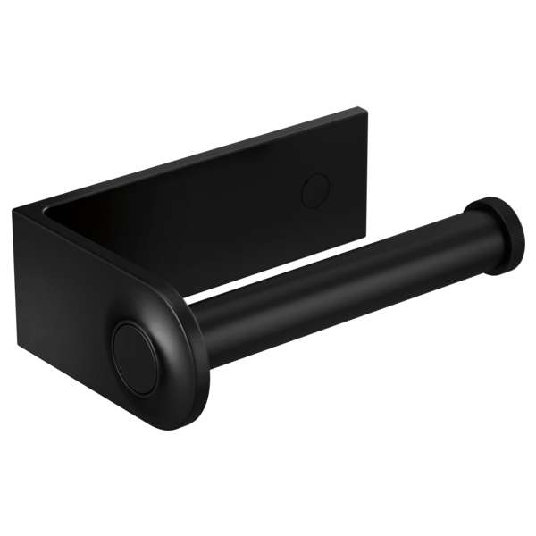 Matte black tissue holder with rectangular mounting plate and cylindrical roll bar.