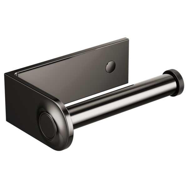 Black and chrome tissue holder with cylindrical roller and rectangular backing plate.