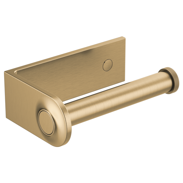 Brushed gold tissue holder with cylindrical rod and square mounting plate.