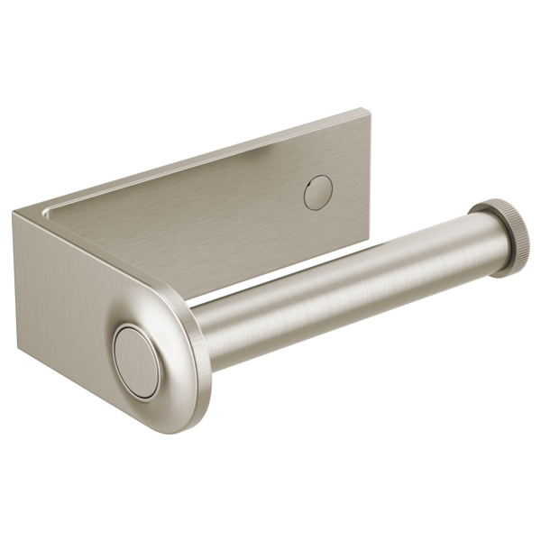 Brushed nickel tissue holder with cylindrical roller and rectangular mounting plate.