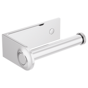 White and chrome tissue holder with a cylindrical paper roll dispenser and square mounting bracket.
