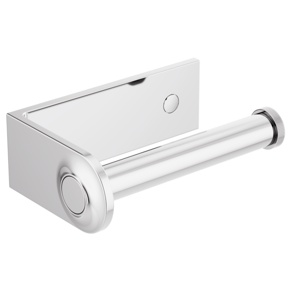 White and chrome tissue holder with a cylindrical paper roll dispenser and square mounting bracket.
