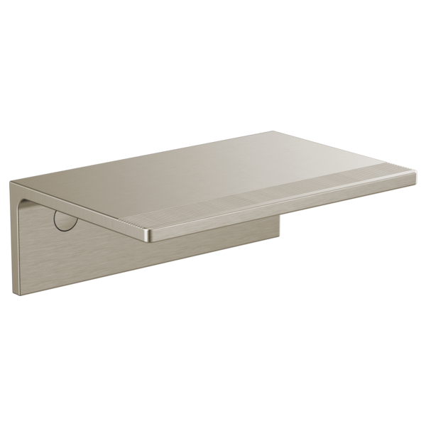 Brushed nickel wall-mounted shelf with rectangular top and vertical mounting bracket with circular detail.