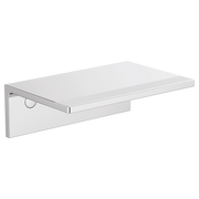 Wall-mounted chrome tissue holder shelf with rectangular platform and vertical mounting bracket.
