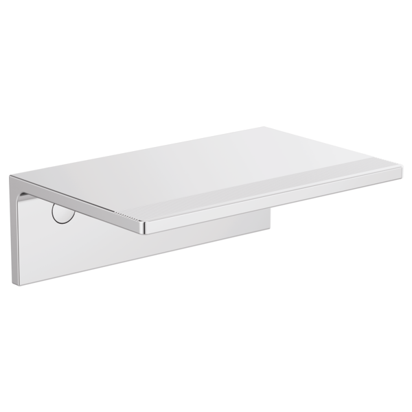 Wall-mounted chrome tissue holder shelf with rectangular platform and vertical mounting bracket.