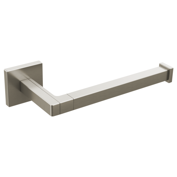 Brushed nickel tissue holder with geometric square mounting plates and horizontal bar design.