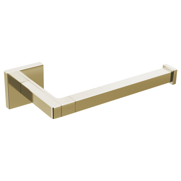 Brass and white tissue holder with square wall mounts and horizontal bar design.