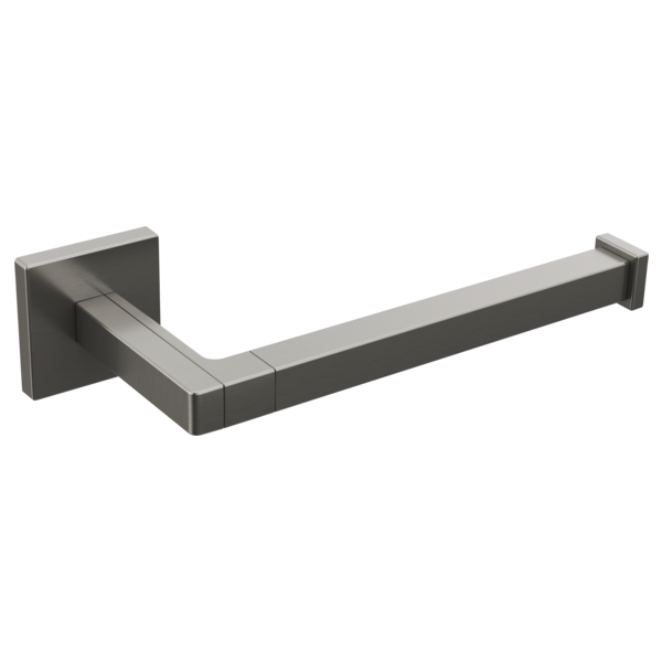 Brushed nickel and dark gray rectangular tissue holder with square wall-mounted brackets on each end.