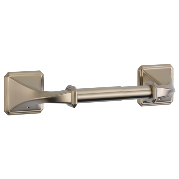 Brushed nickel tissue holder with square mounting plates and horizontal bar design.