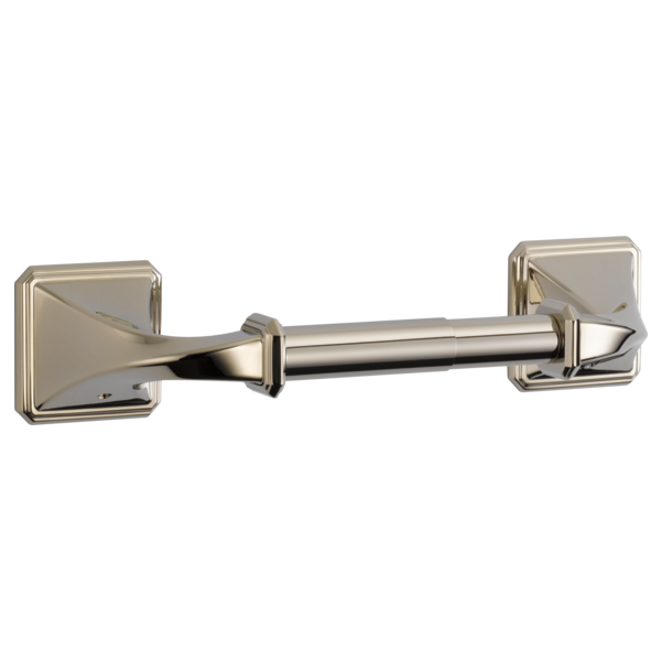 Polished nickel tissue holder with square mounting plates and cylindrical bar.