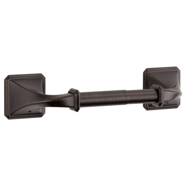Oil-rubbed bronze wall-mounted tissue holder with square mounting plates and cylindrical bar.