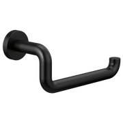 Matte black curved tissue holder with round wall-mounted backplate and horizontal bar.