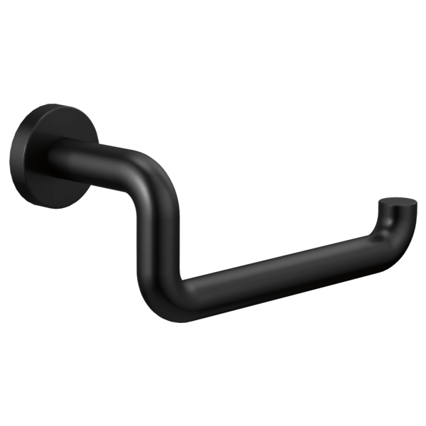 Matte black curved tissue holder with round wall-mounted backplate and horizontal bar.