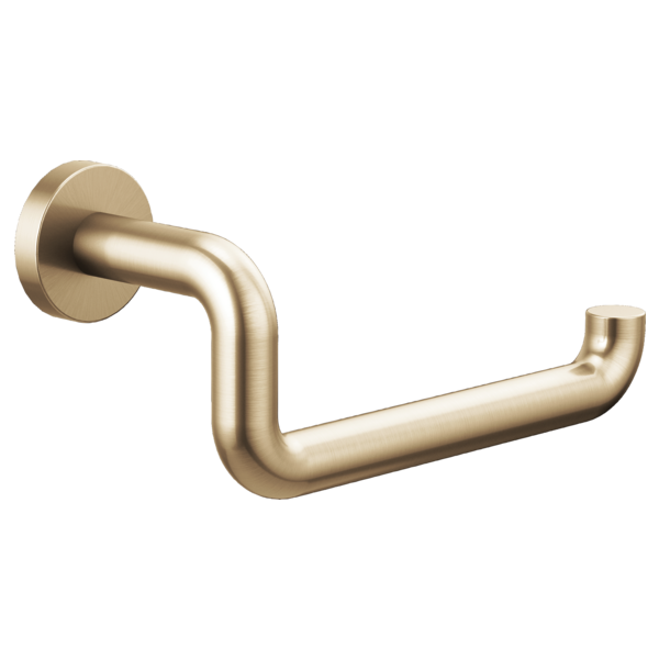 Brushed gold curved tissue holder with wall-mounted circular backing plate and open loop design.