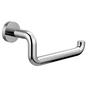 Polished chrome tissue holder with curved arm extending from round wall-mounted escutcheon.