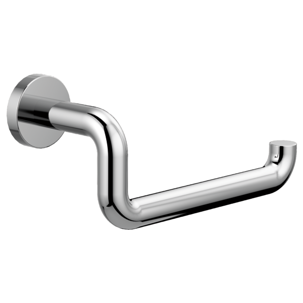 Polished chrome tissue holder with curved arm extending from round wall-mounted escutcheon.