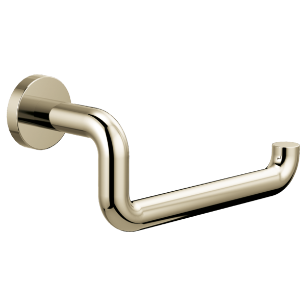 Polished nickel tissue holder with curved arm and circular wall-mounted base.