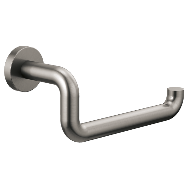 Stainless steel tissue holder with curved tubular design and wall-mounted circular backplate.