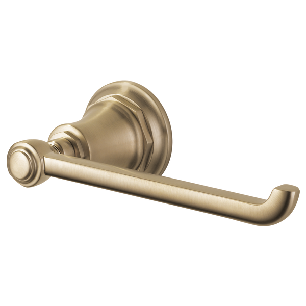 Brushed champagne bronze tissue holder with curved arm and circular wall-mounted backing plate.