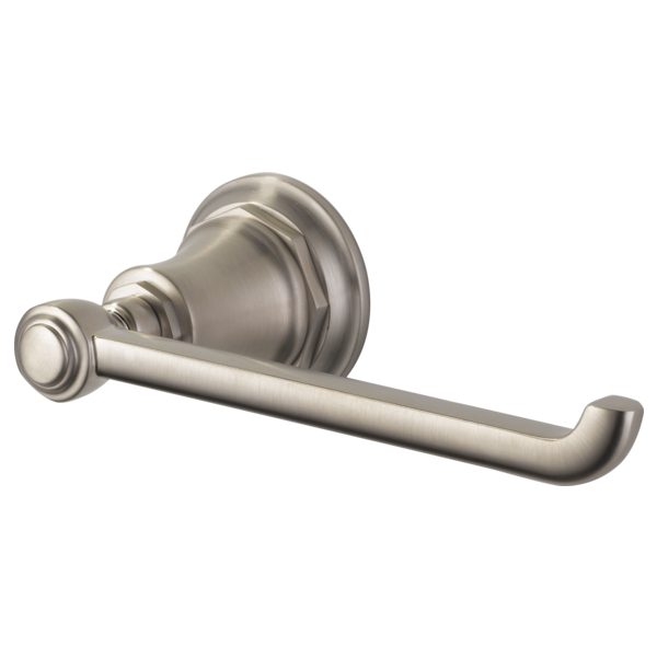 Brushed nickel tissue holder with circular wall mount and curved arm design.