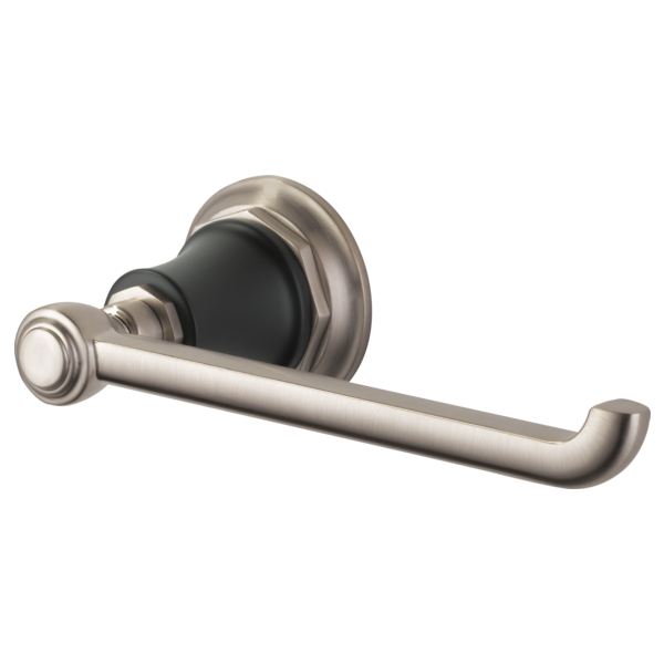Brushed nickel tissue holder with curved arm and round backplate with black accent ring.