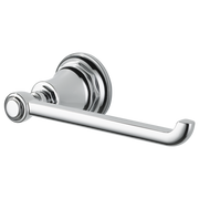 Polished chrome tissue holder with cylindrical bar and circular wall-mounted backplate.