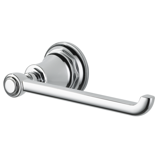 Polished chrome tissue holder with cylindrical bar and circular wall-mounted backplate.