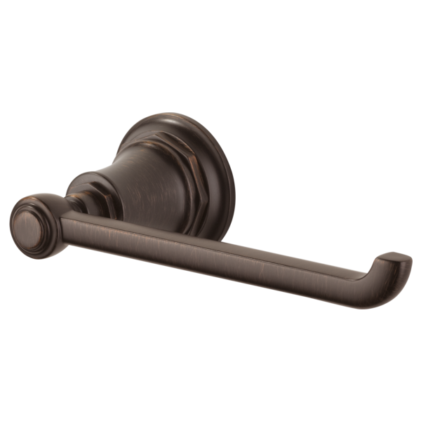 Bronze tissue holder with circular wall-mounted backplate and curved horizontal bar.