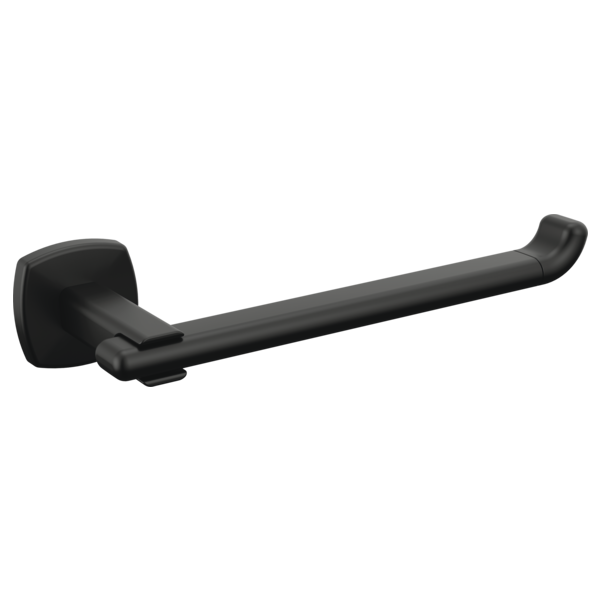 Black matte tissue holder with square wall mount and curved arm extending horizontally.