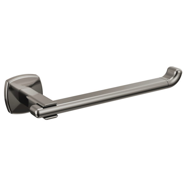 Brushed nickel curved tissue holder with square wall mount and spring-loaded bar.