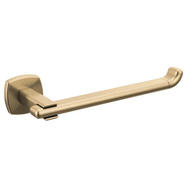 Champagne bronze tissue holder with square wall mount and curved bar arm.