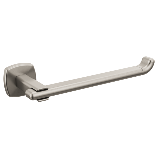 Brushed nickel tissue holder with curved arm and square wall-mounted base.