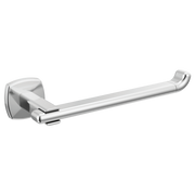 Chrome tissue holder with squared wall mount and curved arm extending horizontally.