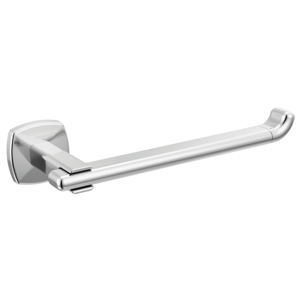 Chrome tissue holder with squared wall mount and curved arm extending horizontally.