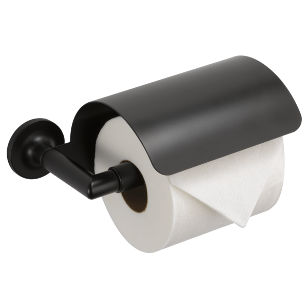 Black metal tissue holder with cylindrical cover and wall-mounted design holding white tissue roll.