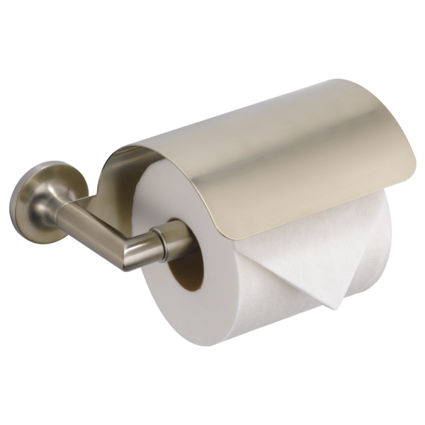 Brushed nickel tissue holder with cylindrical paper roll and mounting bracket.