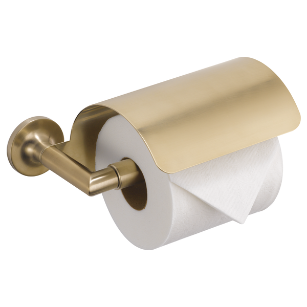Brass tissue holder with cylindrical roll holder and curved canopy cover mounted on wall.
