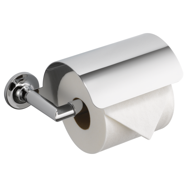Chrome tissue holder with cylindrical rod and wall-mounted circular base holding a roll of white tissue paper.
