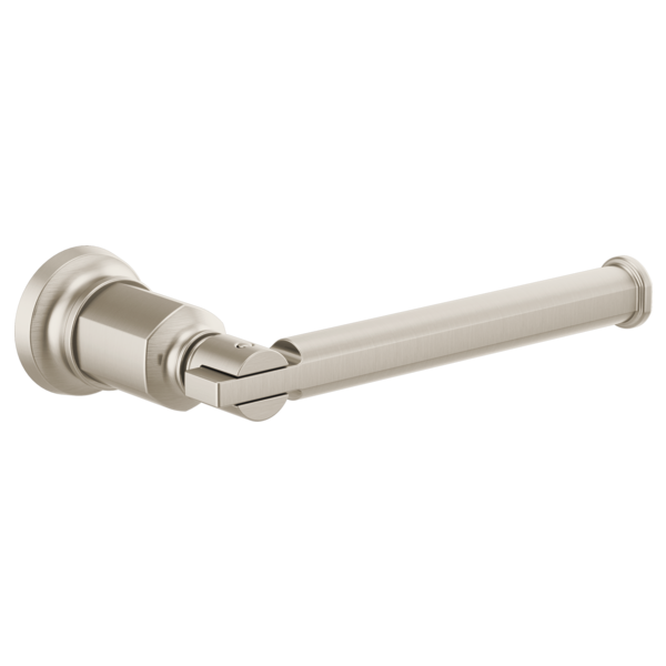 Brushed nickel tissue holder with cylindrical rod and circular wall-mounted base.