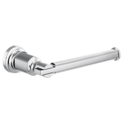 Polished chrome tissue holder with cylindrical wall mount and horizontal bar arm.