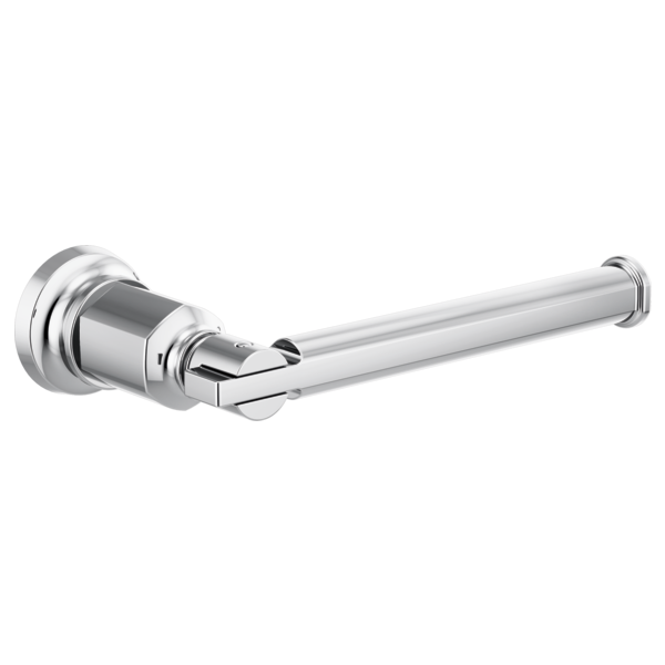 Polished chrome tissue holder with cylindrical wall mount and horizontal bar arm.